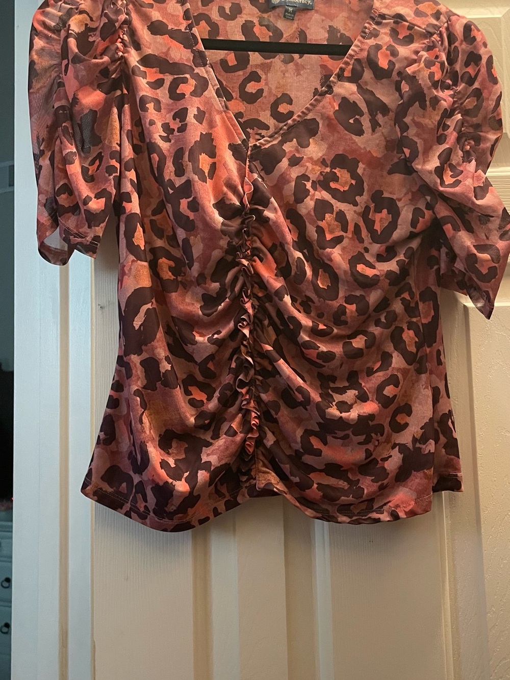 Democracy Pink and Brown Leopard Ruched V-Neck Blouse